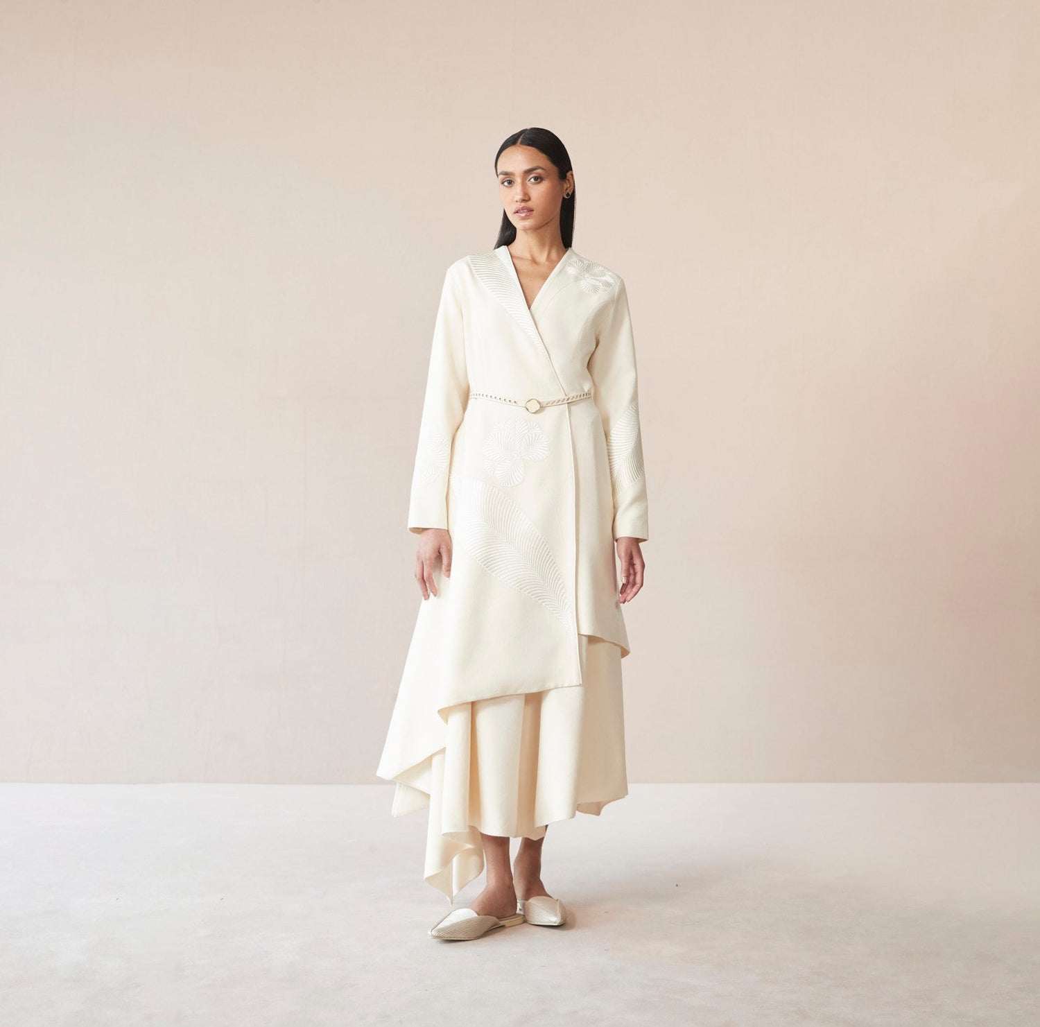 Marwa Ivory Long Woollen Jacket Set