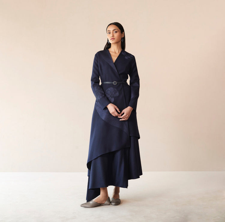 Marwa Navy Long Woollen Jacket Set