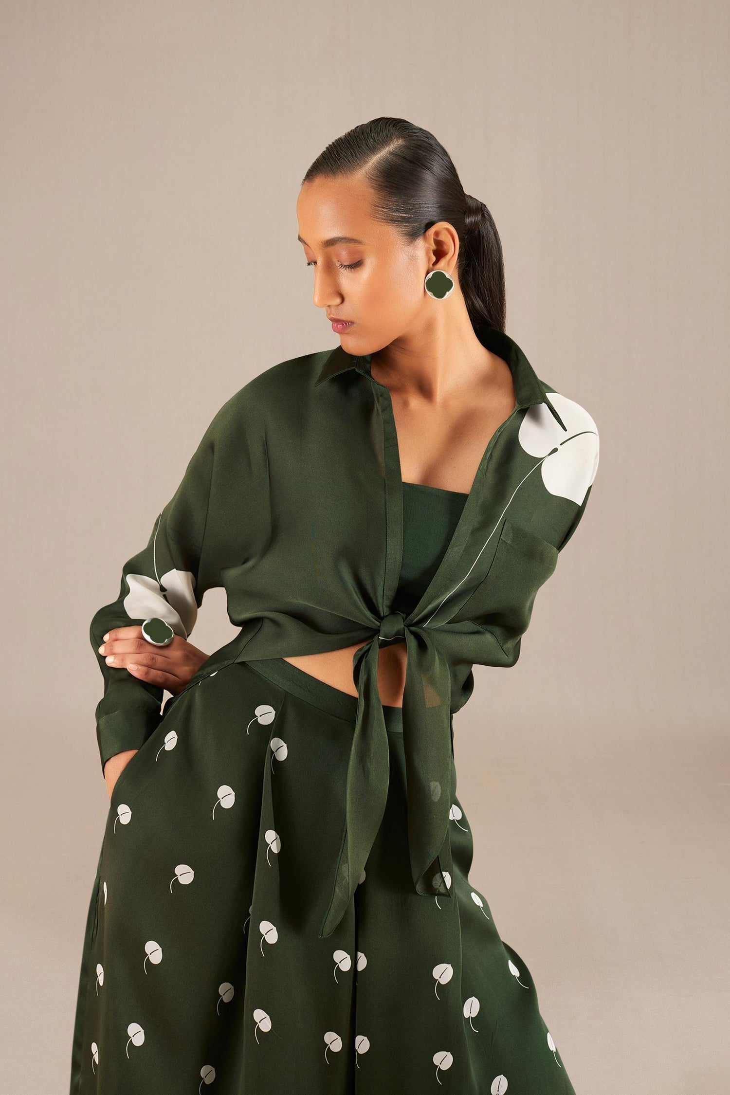 Leia Knotted Shirt Set - Olive